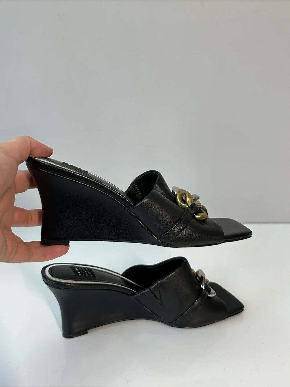 WHBM Black Wedges with Chain Accents Size 7.5 Square Toe Contemporary
